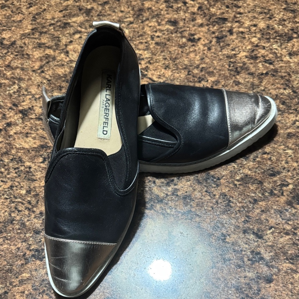 Karl Lagerfeld Black and Silver Loafers